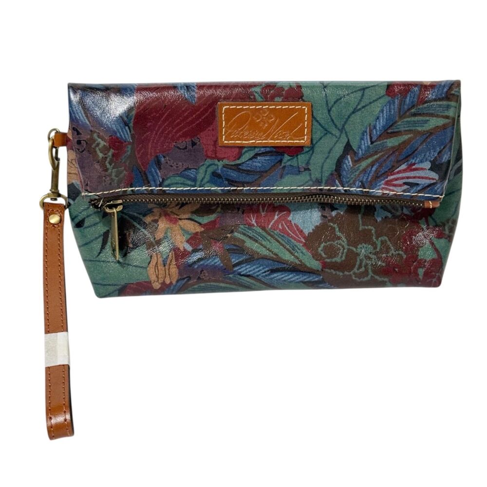 PATRICIA NASH Valerie Blue Florest Tan Floral Leather Foldover Wristlet Clutch